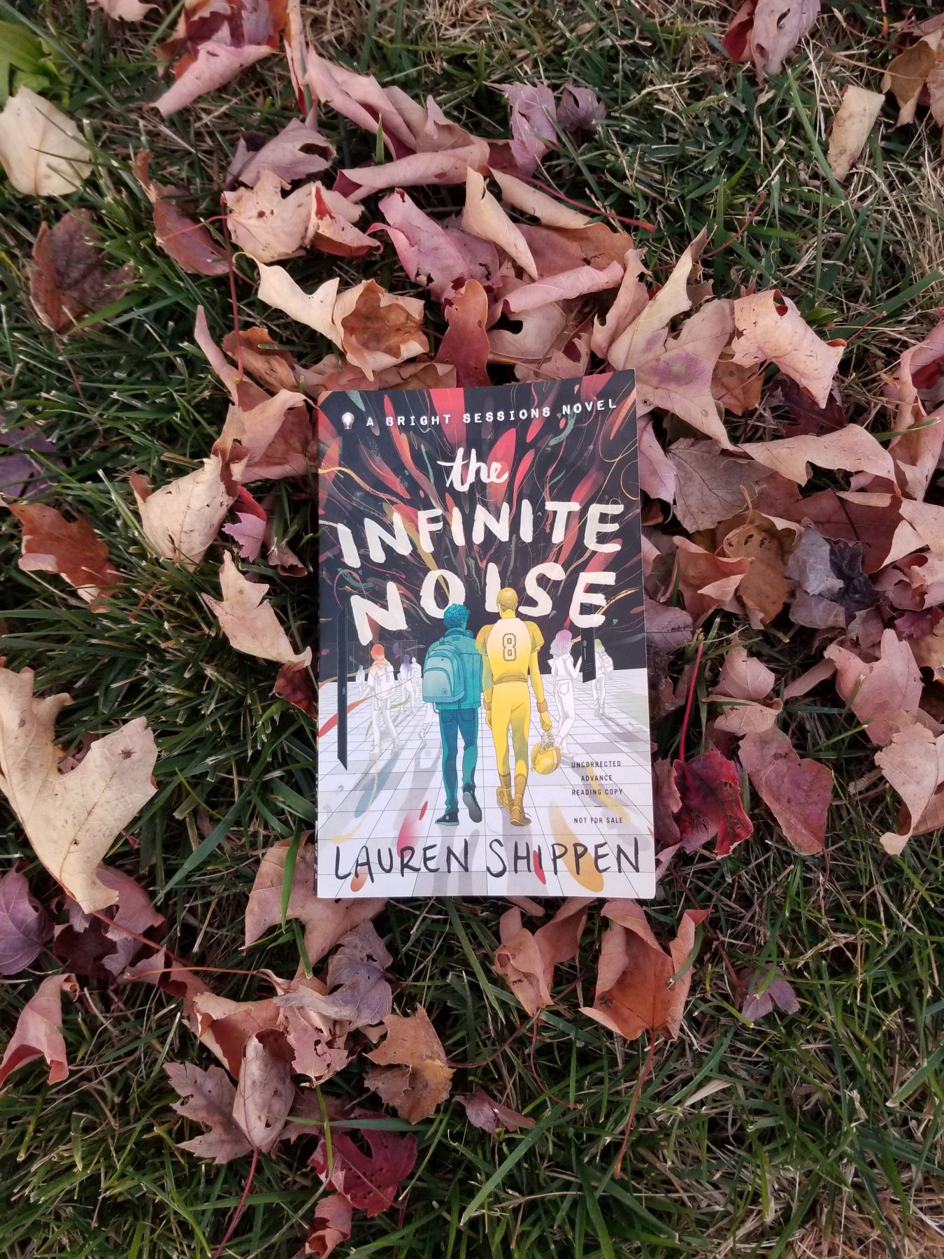 Book The Infinite Noise by Lauren Shippen in a pile of brown and reddish leaves and green grass