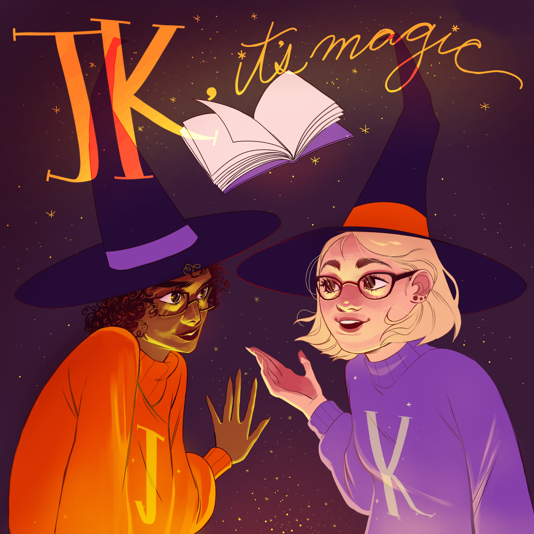 cartoon renderings of Jessie and Kelly wear black witch hats. A book and text "JK, it's magic" float above them